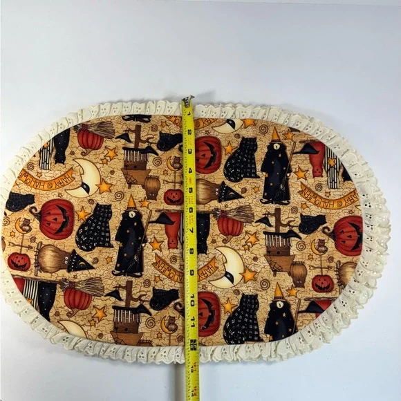 Halloween Themed Oval Placemat Lace Trim Witch pumpkin cat orange fall decor 3 - Picture 7 of 7